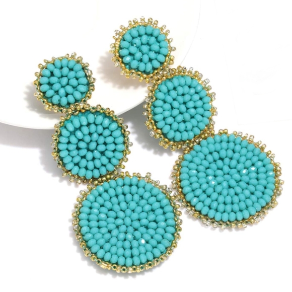 Turquoise Blue Beaded Triple Tiered Earrings Bohemian Boho Summer Festival New - Picture 2 of 9